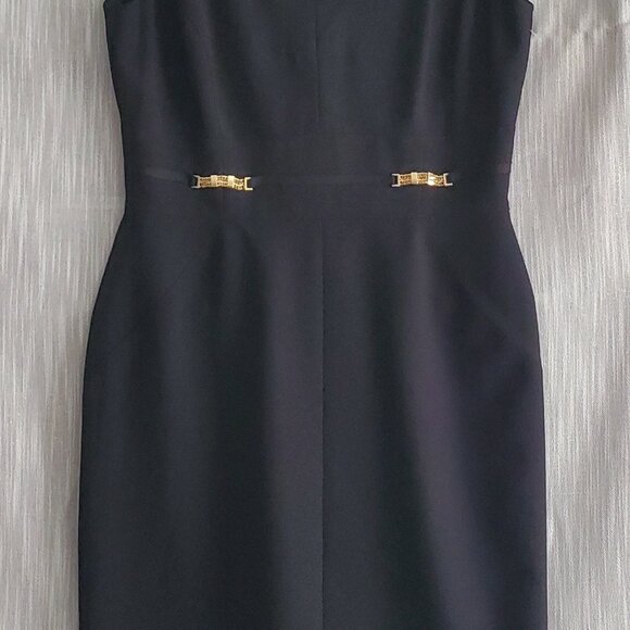 Black Pencil Dress Notched Round Neckline Gold Accents Office Siren Classic - Picture 4 of 8